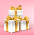 Realistic 3D White Gifts with Colorful Gold Ribbons Wrap with Dotted Pattern for Birthday