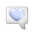 Realistic 3d white glossy speech bubble with blue heart. Cartoon 3d message box symbol, chatting box, chat dialogue icon with love Royalty Free Stock Photo