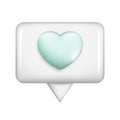 Realistic 3d white glossy speech bubble with blue heart. Cartoon 3d message box symbol, chatting box, chat dialogue icon with love Royalty Free Stock Photo