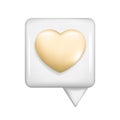 Realistic 3d white glossy speech bubble with golden heart. Cartoon 3d message box symbol, chatting box, chat dialogue icon with Royalty Free Stock Photo