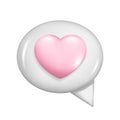 Realistic 3d white glossy speech bubble with pink heart. Cartoon 3d message box symbol, chatting box, chat dialogue icon with love Royalty Free Stock Photo