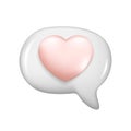 Realistic 3d white glossy speech bubble with pink heart. Cartoon 3d message box symbol, chatting box, chat dialogue icon with love Royalty Free Stock Photo