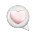 Realistic 3d white glossy speech bubble with pink heart. Cartoon 3d message box symbol, chatting box, chat dialogue icon with love Royalty Free Stock Photo