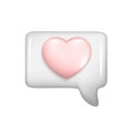 Realistic 3d white glossy speech bubble with pink heart. Cartoon 3d message box symbol, chatting box, chat dialogue icon with love Royalty Free Stock Photo