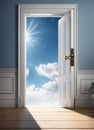 Realistic 3D white Open door with blue sky. AI image Royalty Free Stock Photo
