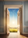 Realistic 3D white Open door with sunset and blue sky. AI image Royalty Free Stock Photo