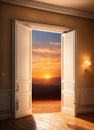 surrealist dream ,white Open door with sunset and orange sky. AI image Royalty Free Stock Photo