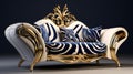 Realistic 3d Whiteblue Zebra And Gold Sofa With Opulent Animal Motifs