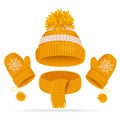 Realistic 3d Hat with a Pompom, Scarf and Mitten Set. Vector Royalty Free Stock Photo