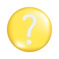 Realistic 3d yellow round sphere shape with question sign. Decorative circle button icon, spherical symbol, question mark icon Royalty Free Stock Photo