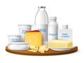 Realistic dairy healthy products background. Milk food and drinks composition, plastic, glass and cardboard packaging