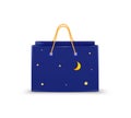 Realistic dark blue paper bag with golden stars and moon, night shopping bag idea, Royalty Free Stock Photo