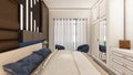 Realistic dark brown and blue bedroom interior with wooden furniture 3d rendering Royalty Free Stock Photo