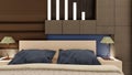 Realistic dark brown luxury bedroom interior with wooden furniture 3d rendering Royalty Free Stock Photo