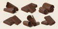 Realistic dark chocolate shavings, flakes, curls and bar pieces. 3d sweet cocoa candy spirals. Bitter or milk chocolate Royalty Free Stock Photo