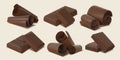 Realistic dark chocolate shavings, flakes, curls and bar pieces. 3d sweet cocoa candy spirals. Bitter or milk chocolate slices Royalty Free Stock Photo