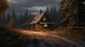 Realistic Dark Forest House Wallpaper With Wooden Cabin On A Road