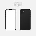 Realistic dark grey Smartphone mockup. Phone blank screen in Front and back view on gray background. Vector EPS 10 Royalty Free Stock Photo