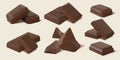 Realistic dark and milk chocolate bar pieces and chunks. 3d bitter cocoa candy, sweet brown bubble chocolate block. Snack dessert
