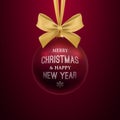 Realistic Dark red Christmas ball hanging on golden bow. Royalty Free Stock Photo