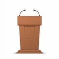 Realistic debate stage. 3D conference speech tribune, business presentation stage stand with microphones. Vector Royalty Free Stock Photo