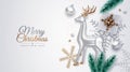 Realistic decorative Christmas composition with silver glass deer, pine branches, gifts, ornaments, snowflakes, Xmas balls.