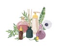 Realistic decorative composition with perfume and cosmetics in glass flasks, incense sticks and blooming flowers on