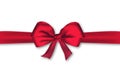 Realistic decorative red satin bow with horizontal ribbon. Christmas satin wrap element template for greeting card Royalty Free Stock Photo