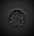 Realistic deep black round clock cut out on textured plastic dark background. White round scale and numbers. Vector icon design