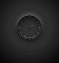 Realistic deep black round clock cut out on textured plastic dark background. White simple modern round scale. Vector icon design