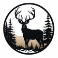 Realistic Deer Emblem In Circle With Trees And Mountains Icon