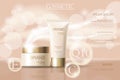 Realistic delicate cosmetic ads banner template. 3d detailed beige tube golden design commercial promotional element