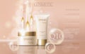 Realistic delicate cosmetic ads banner template. 3d detailed beige tube golden design commercial promotional element