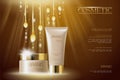 Realistic delicate cosmetic ads banner template. 3d detailed beige tube golden design commercial promotional element