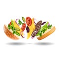 Realistic delicious 3D burger with flying ingredients isolated on white background. Fast Food Vector illustration