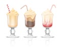 Realistic delicious milkshakes in glasses with straws. Sweet cold tasty beverages cocktails