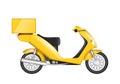 Realistic delivery scooter. Yellow motorcycle with box for shipping food, drinks, grocery