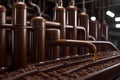 A realistic depiction of a chocolate factory with liquid chocolate flowing through pipes and molding machines