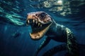 Realistic depiction of a menacing mosasaur emerging in the deep underwater world. Generative AI