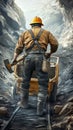 Realistic depiction of a miner from the back, using a pickaxe with mining cart and tools in view, no face shown