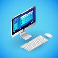 Realistic desktop PC in isometry. Vector isometric illustration of electronic device, desktop computer