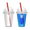 Realistic Detailed Cocktail Plastic Cup witch Straw Set. Vector