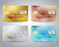 Realistic detailed credit cards set with colorful abstract design background. Golden card