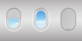 Realistic detailed 3d airplane window with blue sky view set. Porthole with open and closed glass Royalty Free Stock Photo