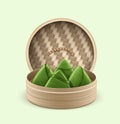 Realistic Detailed 3d Bamboo Steamer with Food Rice Dumplings. Vector