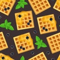 Realistic Detailed 3d Belgian Waffle and Green Leaves Peppermint Seamless Pattern Background. Vector Royalty Free Stock Photo