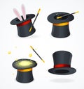 Realistic Detailed 3d Black Magic Hat Set. Vector