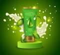 Realistic Detailed 3d Body Lotion with Green Tea Leaves Concept Background. Vector