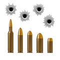 Realistic Detailed 3d Bullets and Bullet Holes Set. Vector
