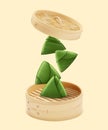 Realistic Detailed 3d Chinese Rice Dumpling Wrapped by Green Bamboo Leafs. Vector